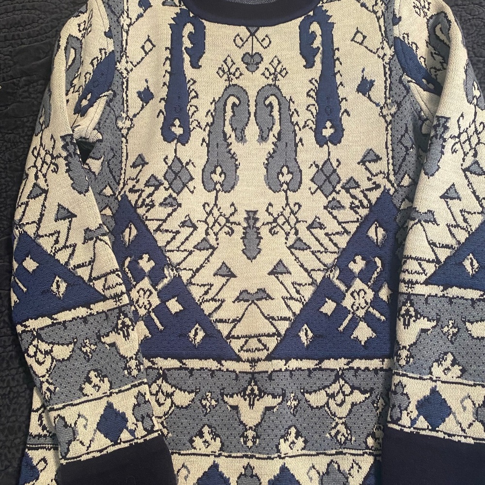 Tory Burch Navy & Gray Fringe Hem Wool Sweater